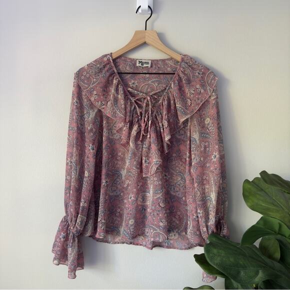 Show Me Your MuMu Sheer Long Sleeve Peasant Top Floral Paisley Lace Up Neckline - Picture 1 of 13